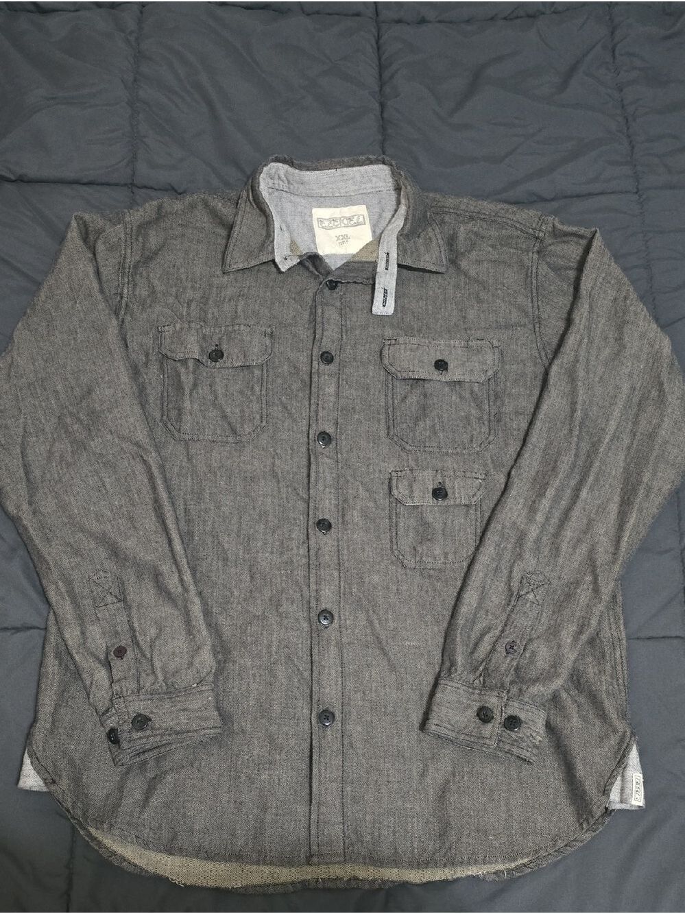 Ezekiel Mens Charcoal Gray Herringbone Long Sleeve Button Up Shirt XXL